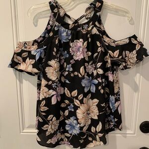 Iz Byer Black Floral Cold Shoulder Blouse